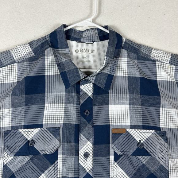 Orvis Tech Shirt Mens XXL Blue Plaid Classic Fit Short Sleeve Collared Button-Up - Picture 2 of 10